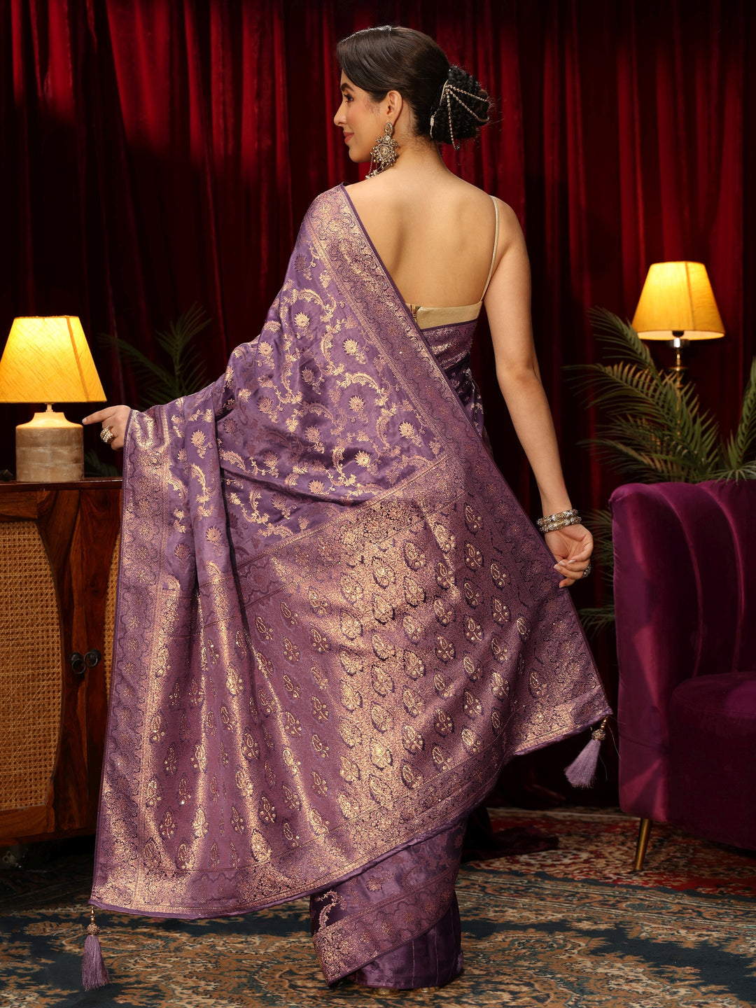  Libas Purple Floral Woven Design Embellished Silk Blend Saree 