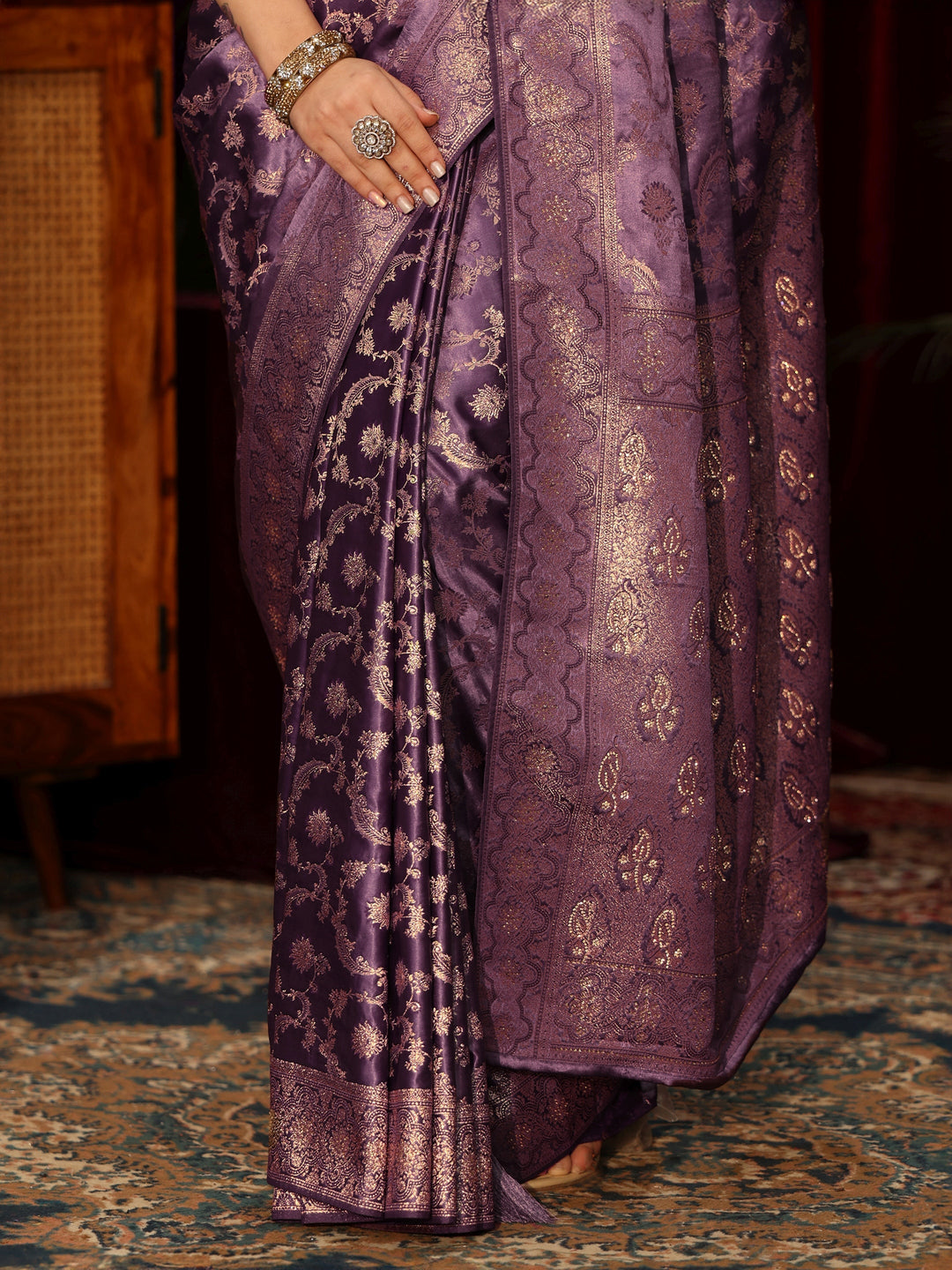  Libas Purple Floral Woven Design Embellished Silk Blend Saree 
