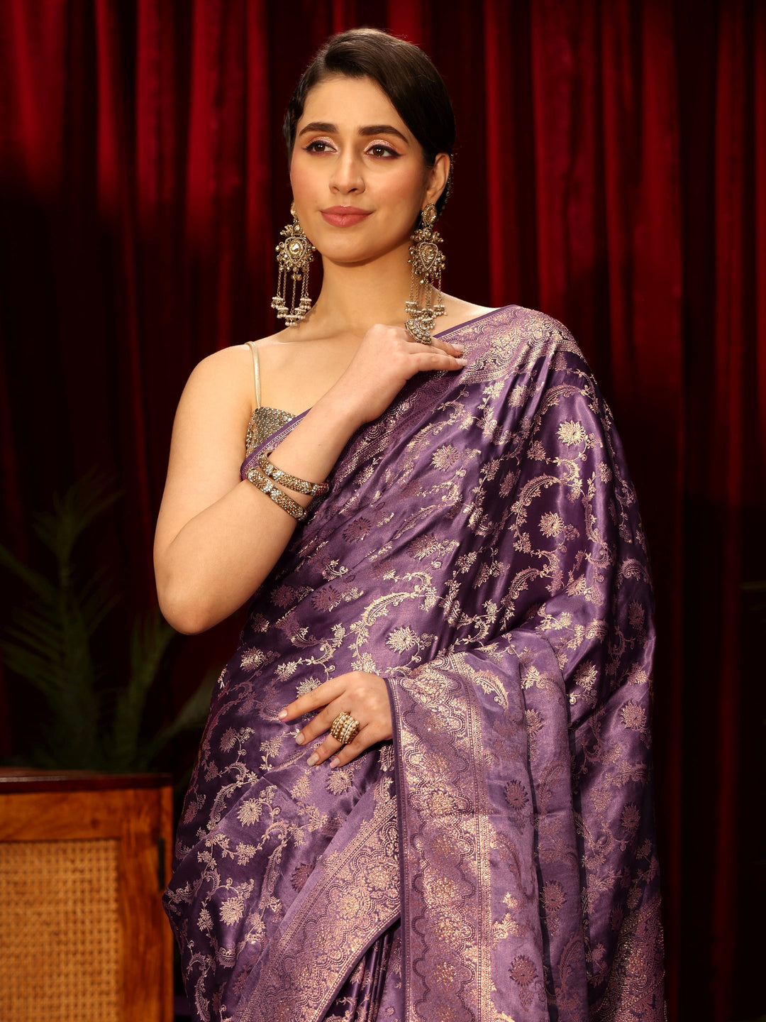  Libas Purple Floral Woven Design Embellished Silk Blend Saree 