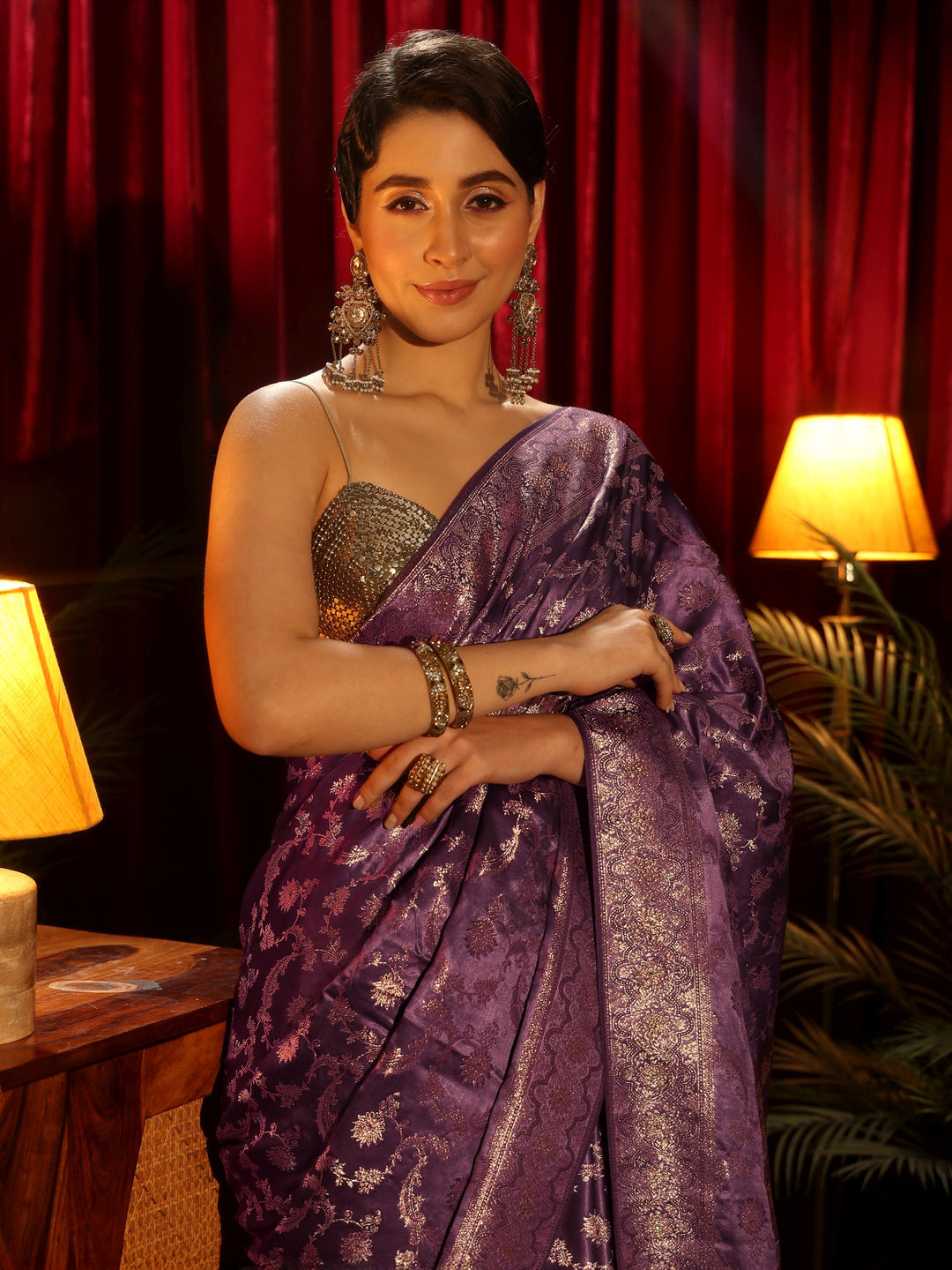  Libas Purple Floral Woven Design Embellished Silk Blend Saree 