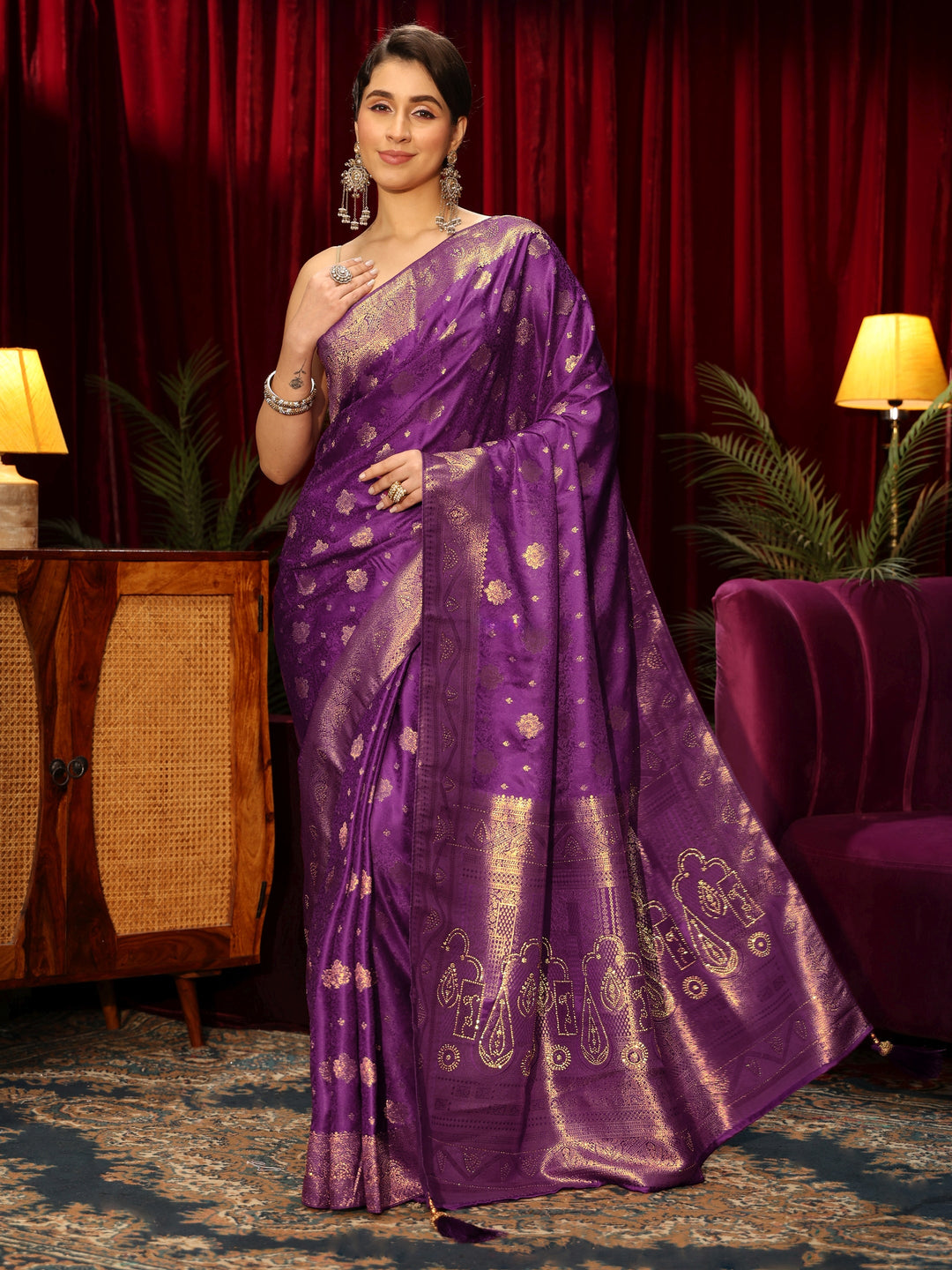 Libas Royal Purple Floral Woven Design Embellished Silk Blend Saree 