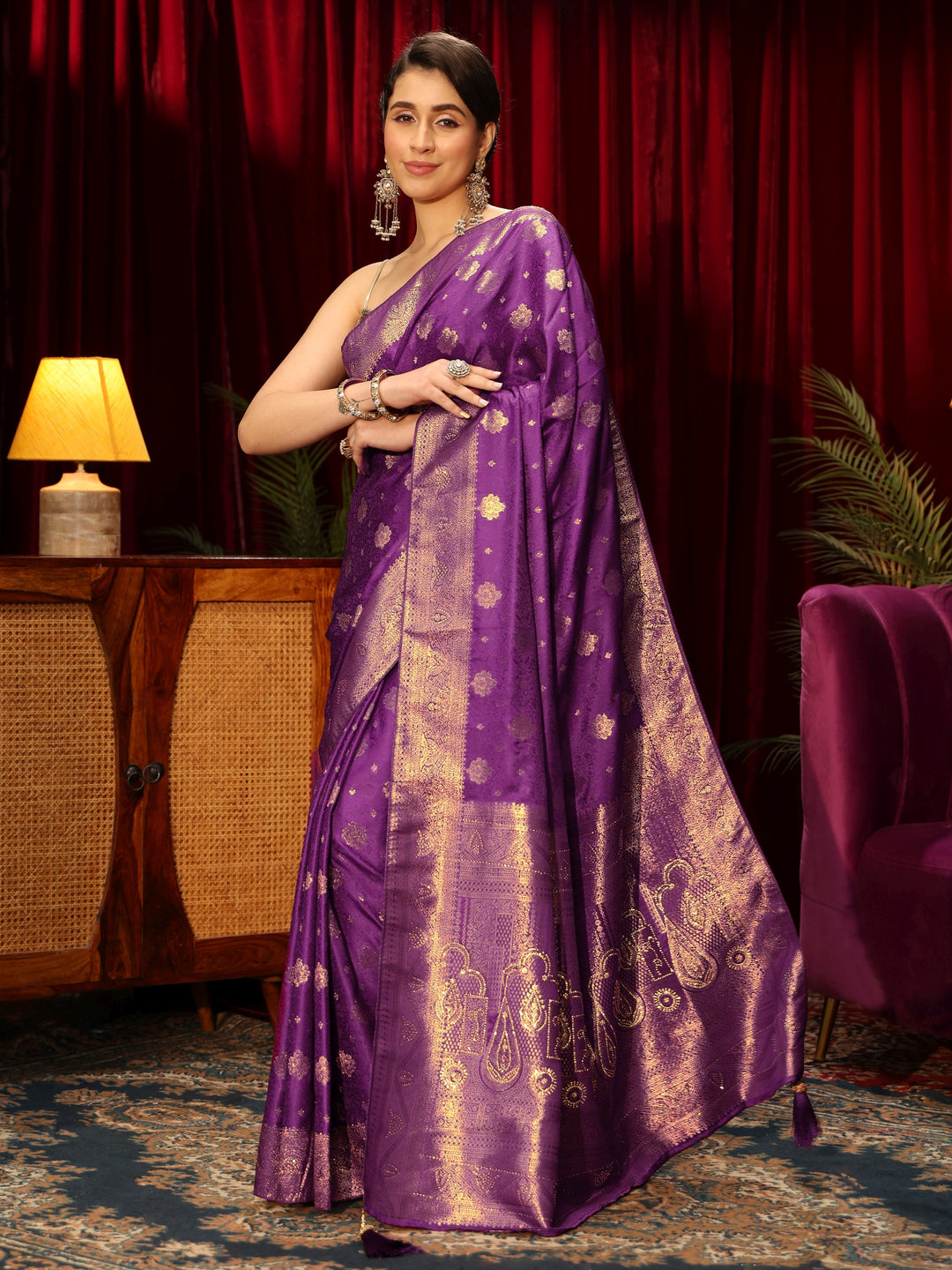  Libas Royal Purple Floral Woven Design Embellished Silk Blend Saree 