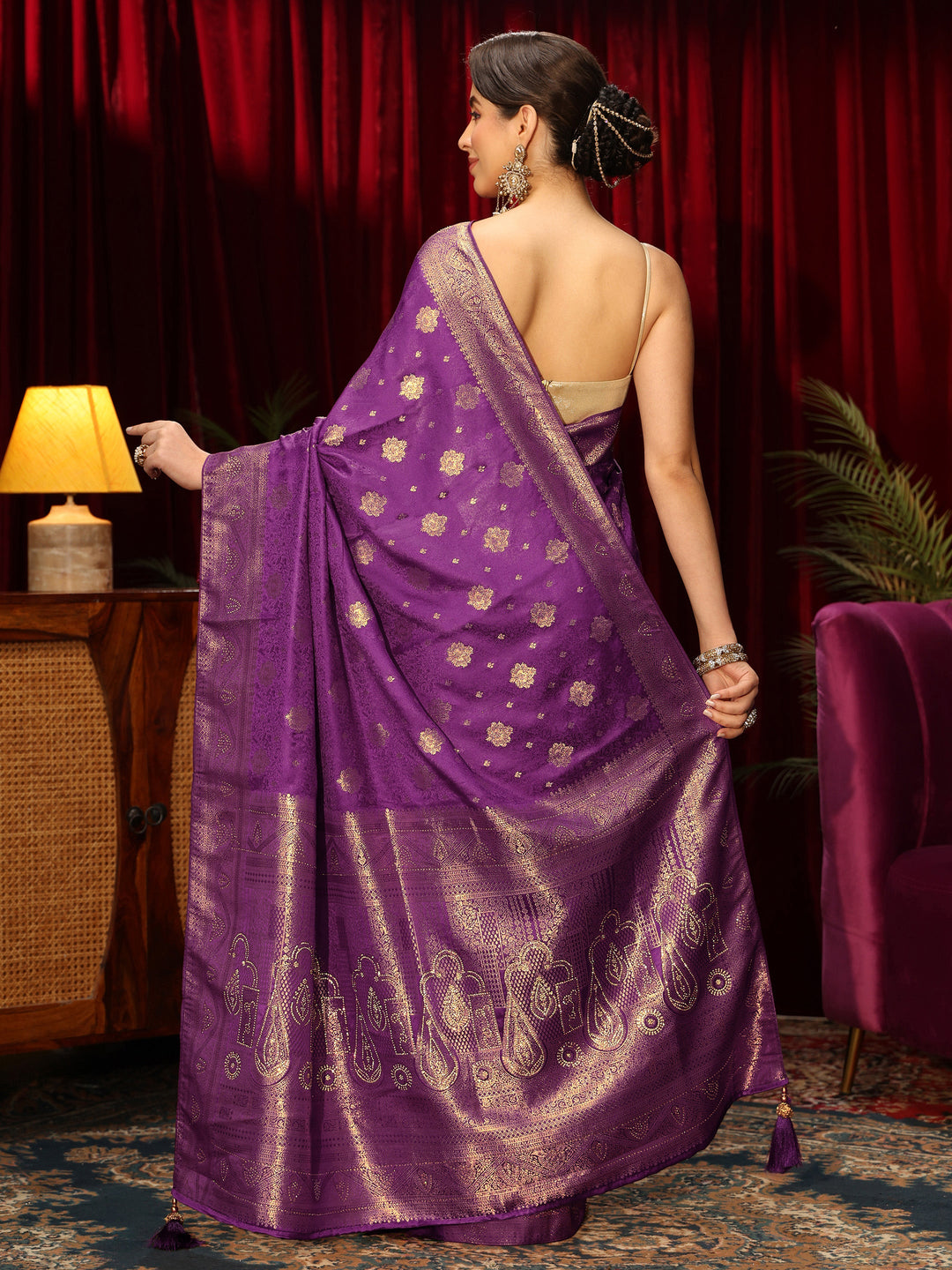  Libas Royal Purple Floral Woven Design Embellished Silk Blend Saree 
