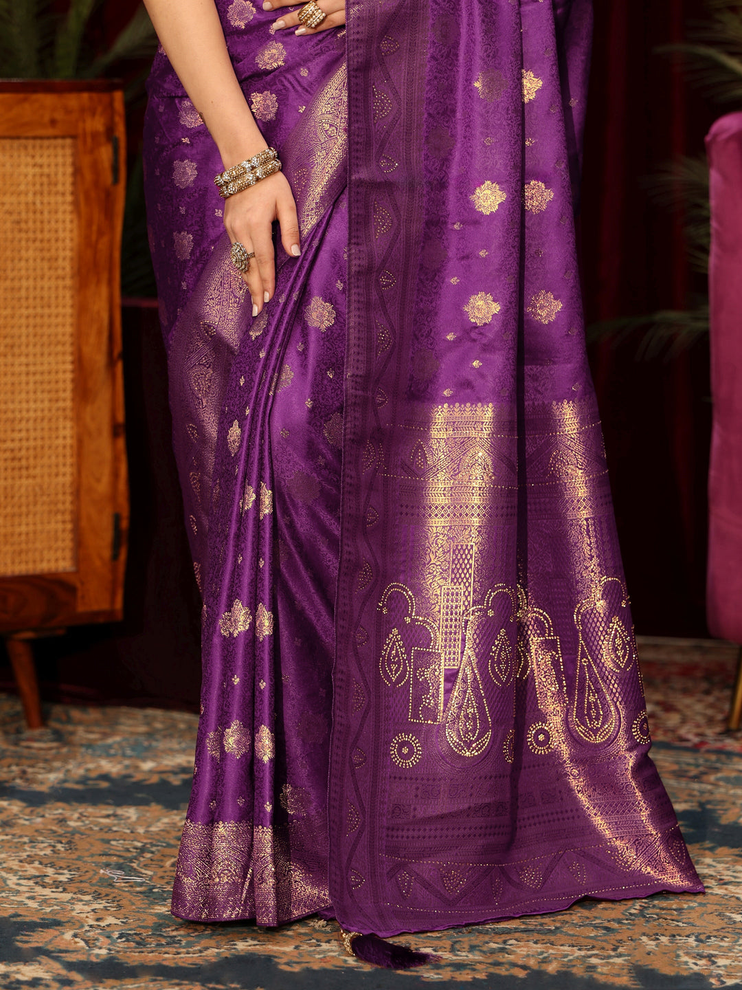  Libas Royal Purple Floral Woven Design Embellished Silk Blend Saree 
