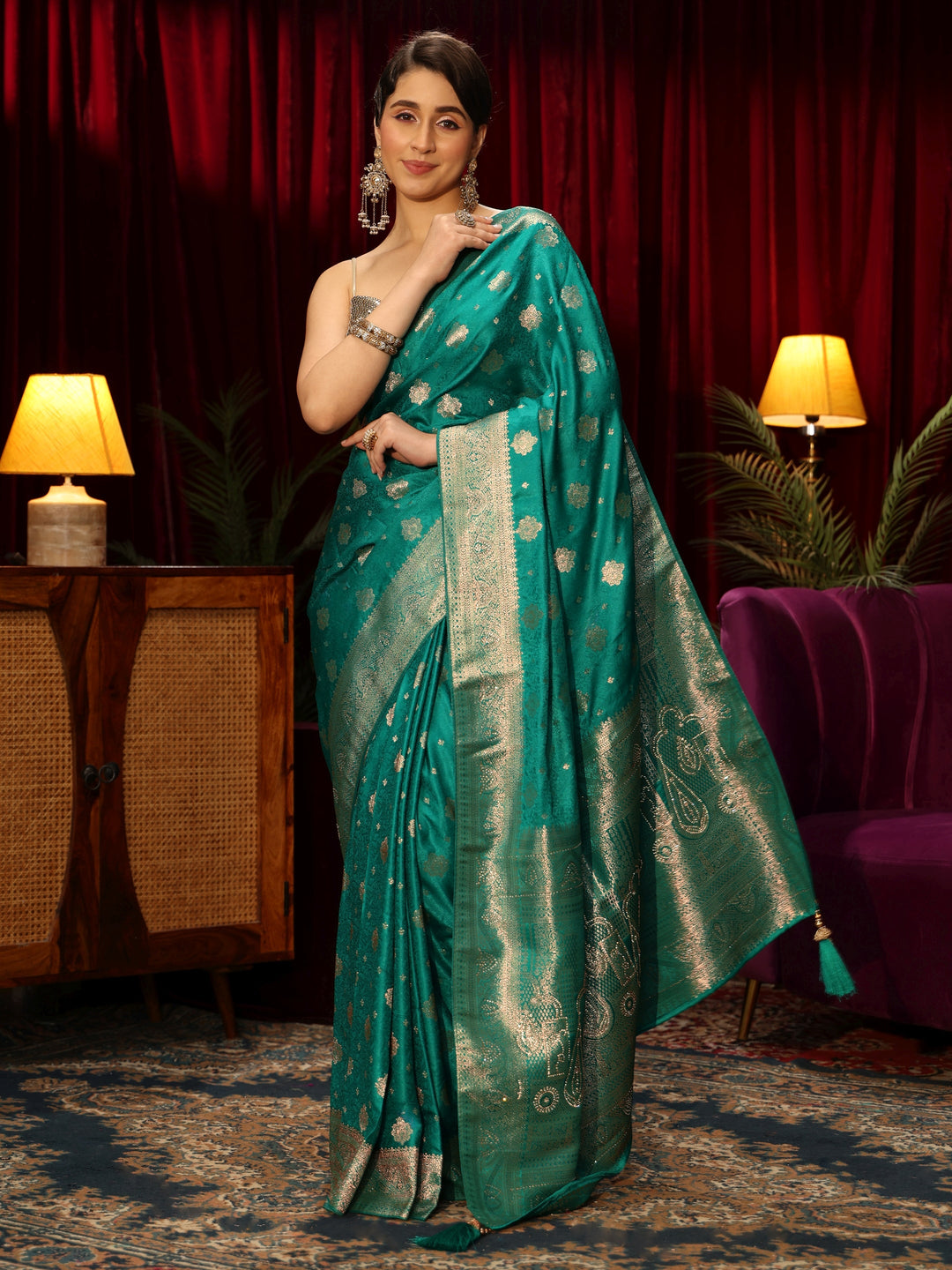  Libas Teal Green Floral Woven Design Embellished Silk Blend Saree 