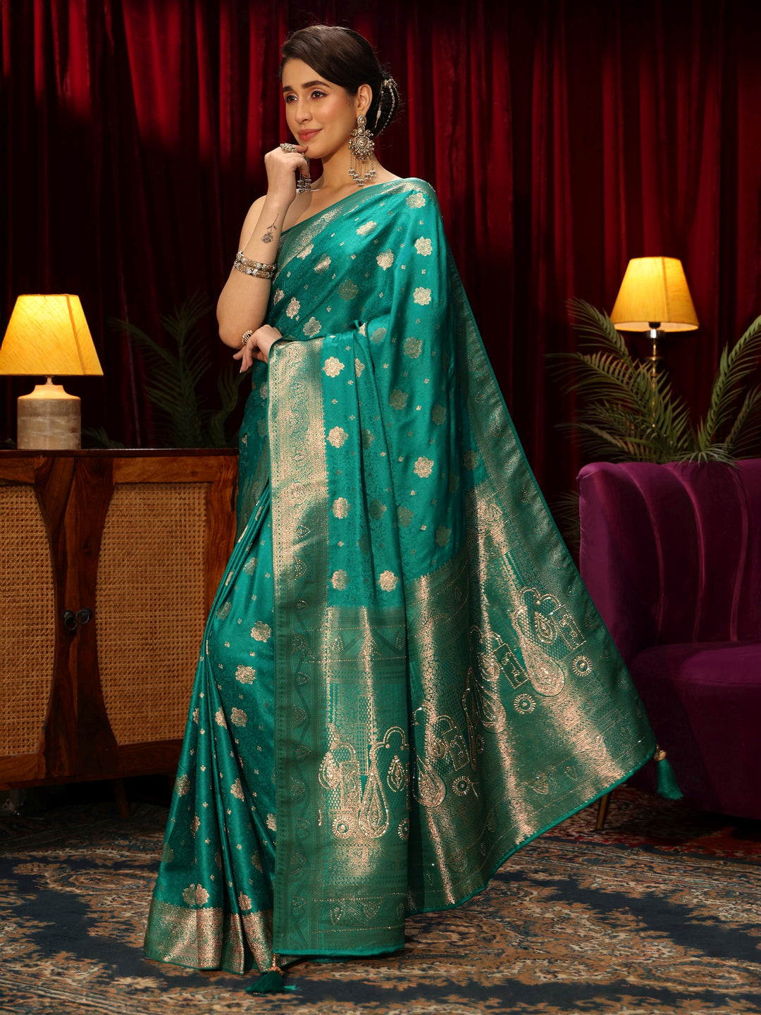  Libas Teal Green Floral Woven Design Embellished Silk Blend Saree 