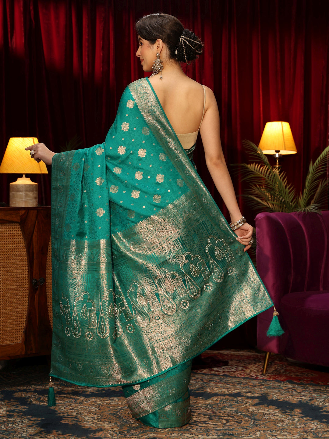 Libas Teal Green Floral Woven Design Embellished Silk Blend Saree 
