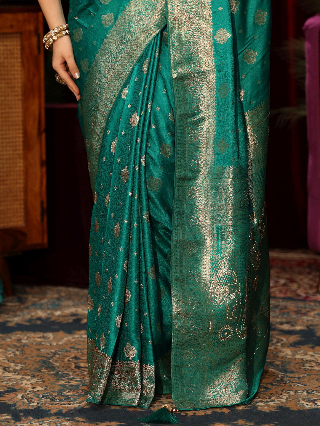  Libas Teal Green Floral Woven Design Embellished Silk Blend Saree 