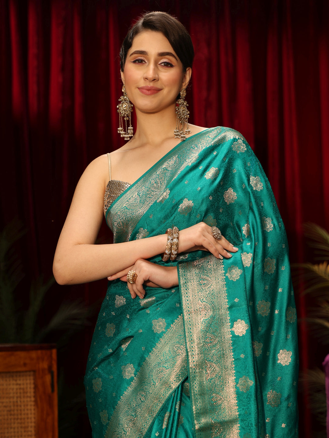  Libas Teal Green Floral Woven Design Embellished Silk Blend Saree 