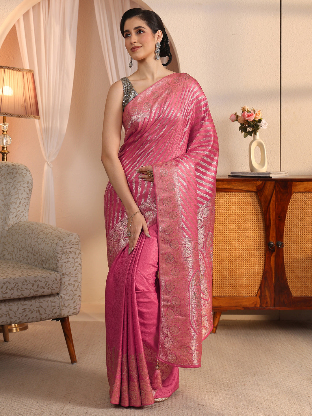  Libas Peach Pink Striped Woven Design Silk Blend Saree 
