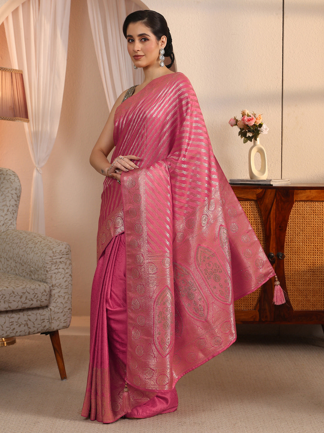  Libas Peach Pink Striped Woven Design Silk Blend Saree 