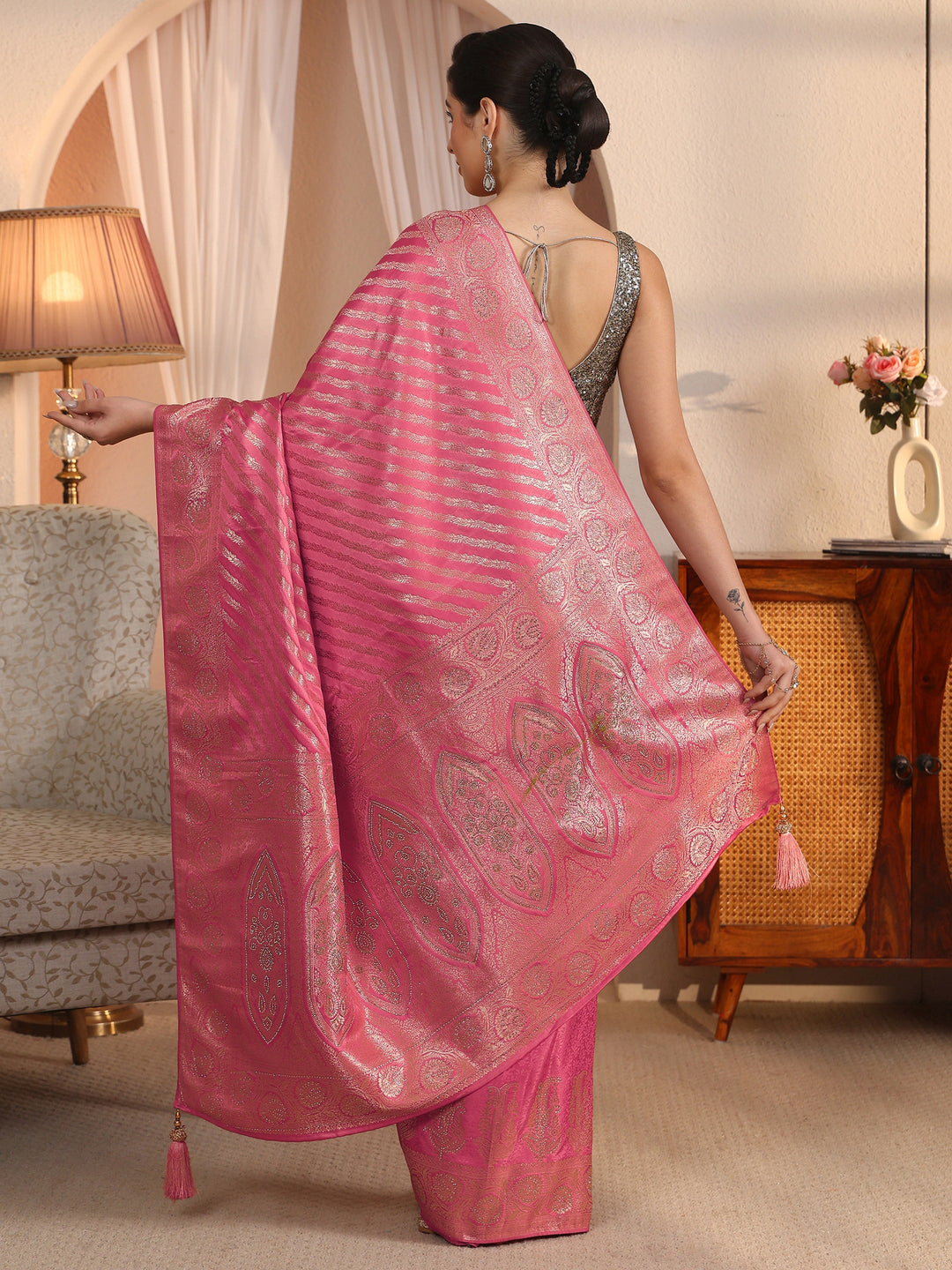  Libas Peach Pink Striped Woven Design Silk Blend Saree 