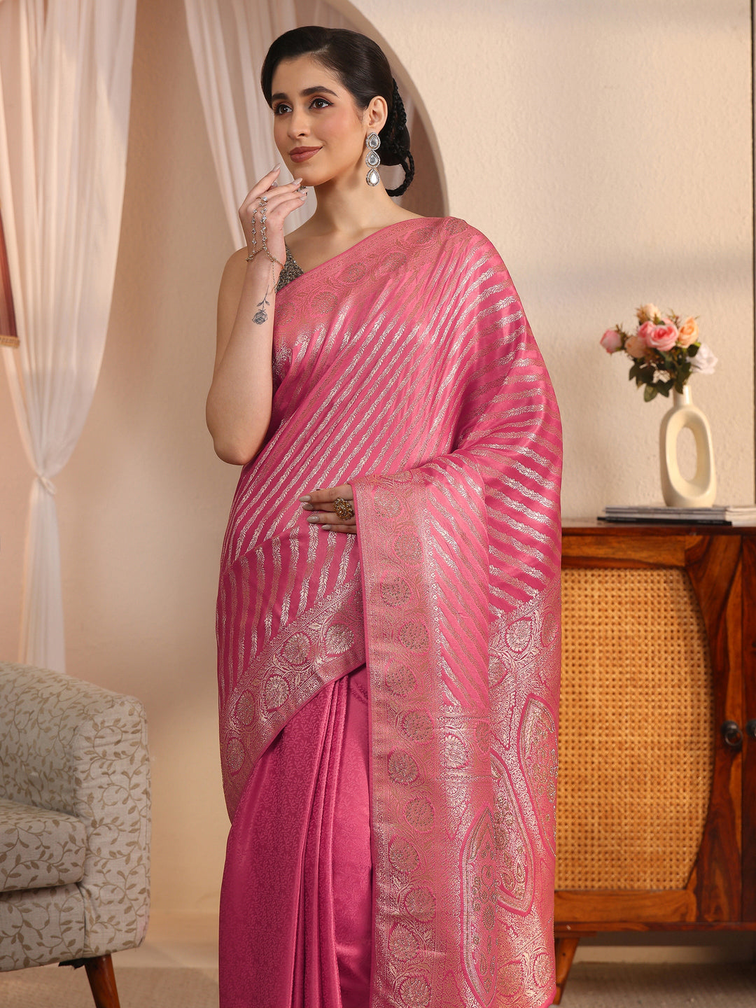  Libas Peach Pink Striped Woven Design Silk Blend Saree 