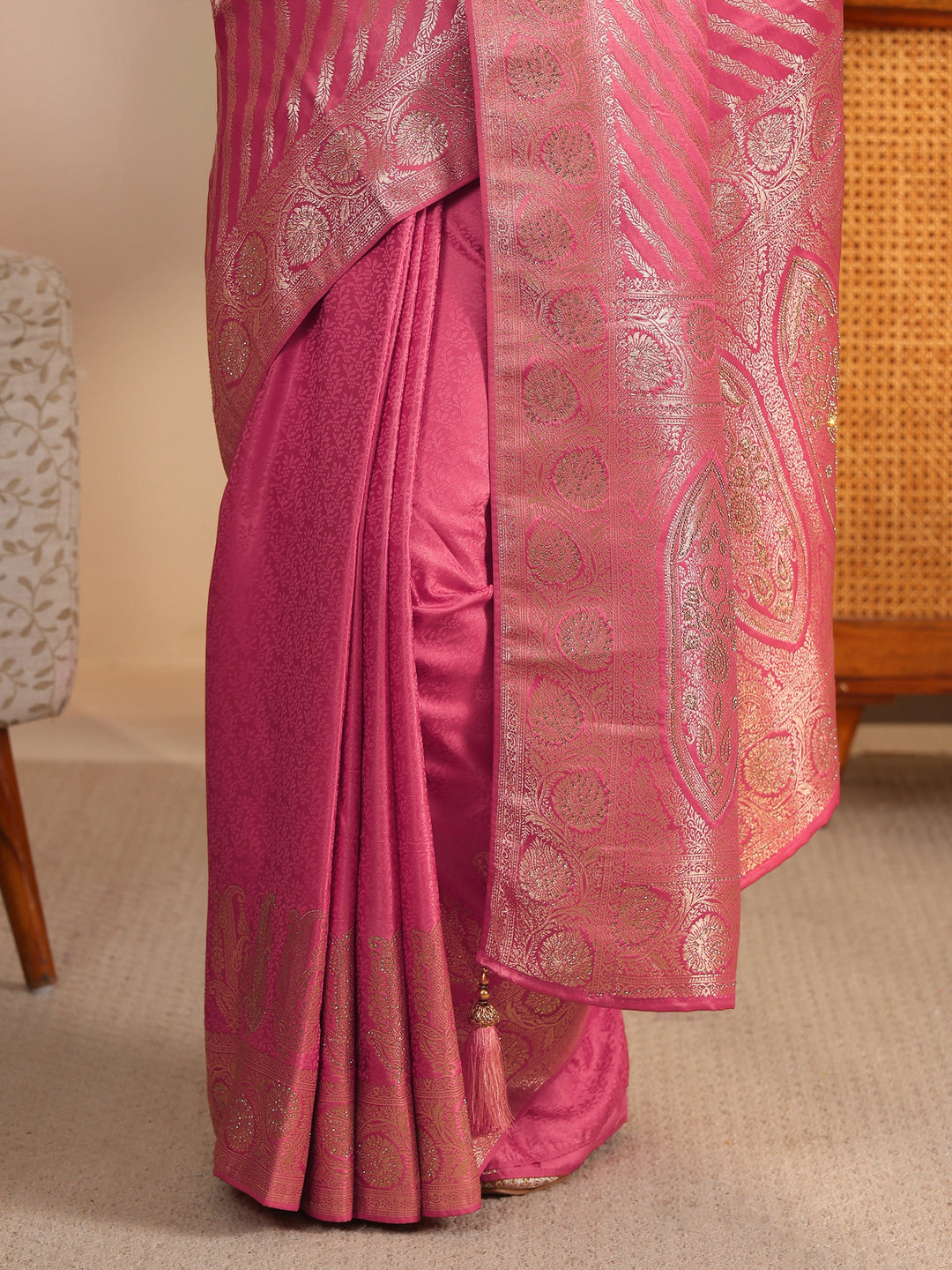  Libas Peach Pink Striped Woven Design Silk Blend Saree 
