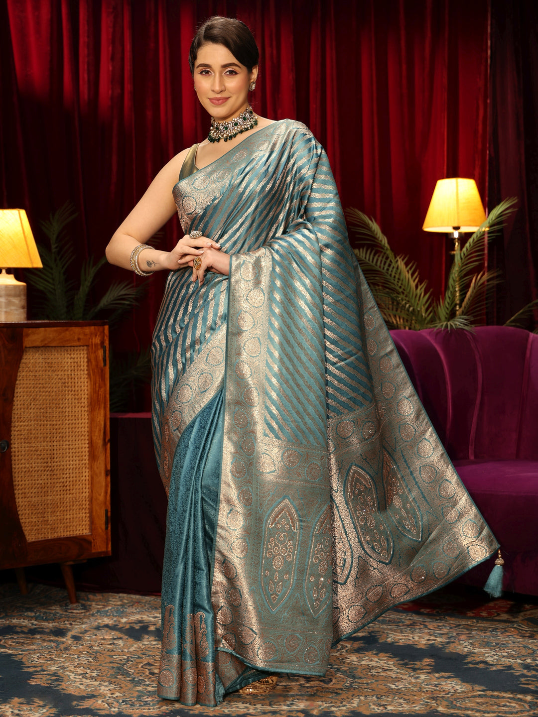  Libas Light Blue Striped Woven Design Embellished Silk Blend Saree 