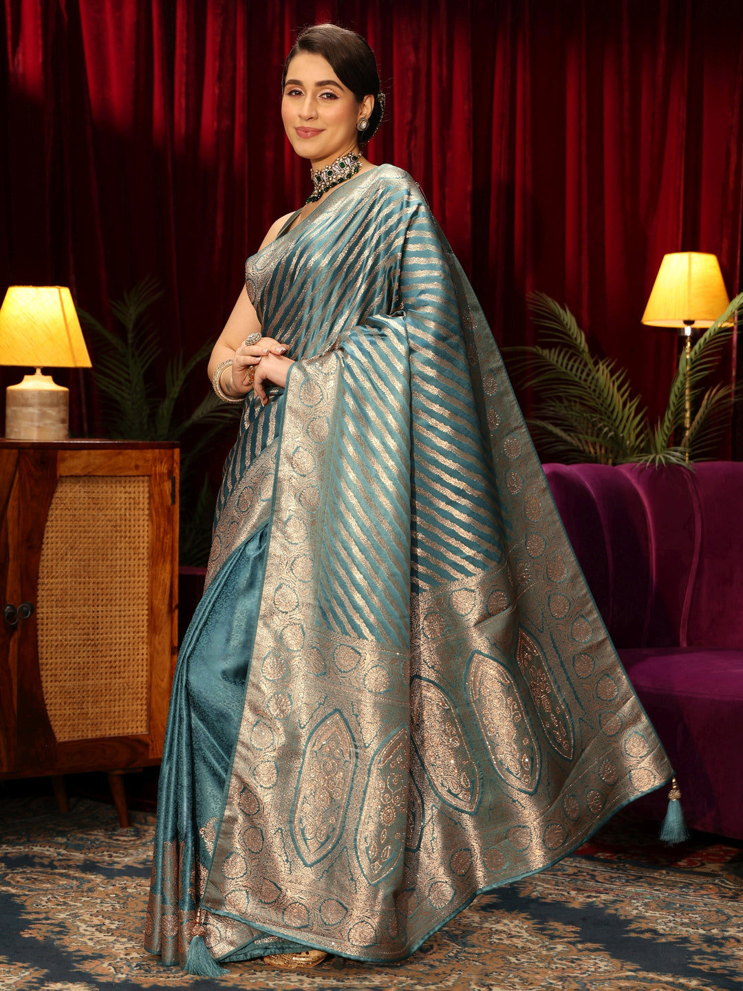  Libas Light Blue Striped Woven Design Embellished Silk Blend Saree 