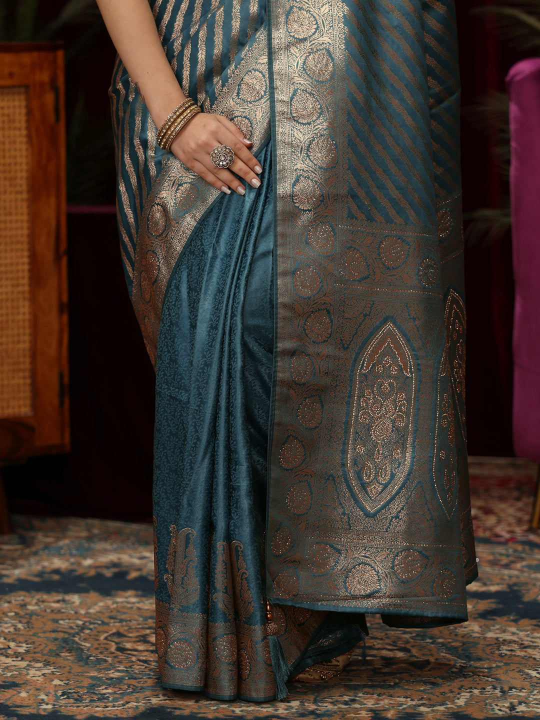  Libas Light Blue Striped Woven Design Embellished Silk Blend Saree 