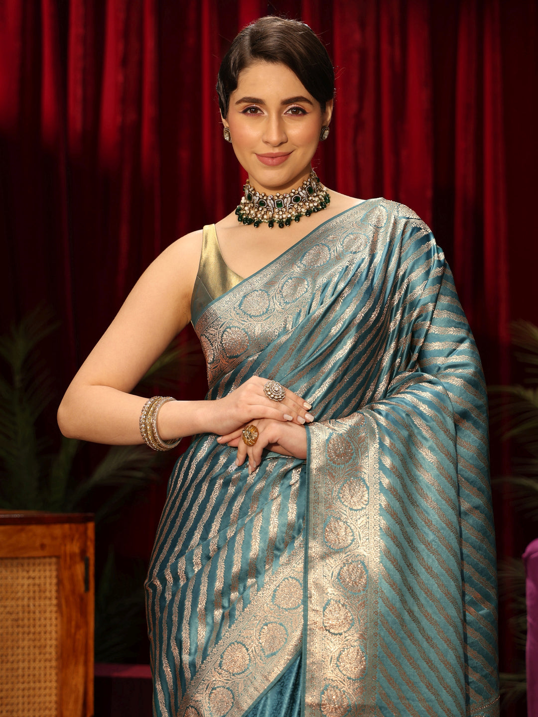  Libas Light Blue Striped Woven Design Embellished Silk Blend Saree 