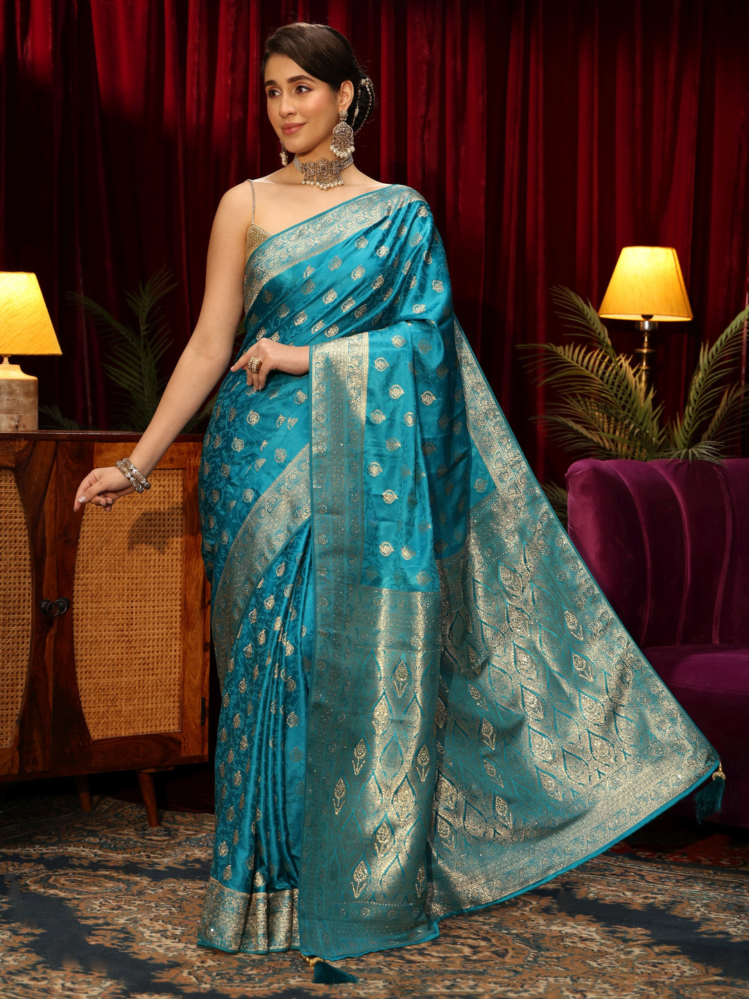  Libas Cerulean Blue Floral Woven Design Silk Blend Saree 