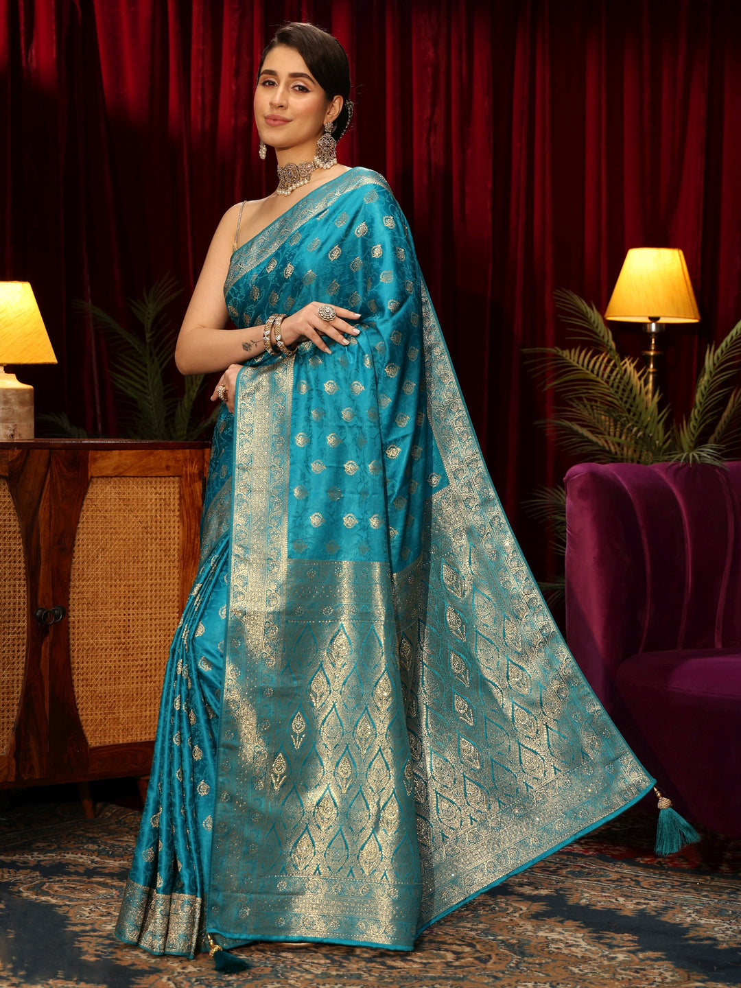  Libas Cerulean Blue Floral Woven Design Silk Blend Saree 