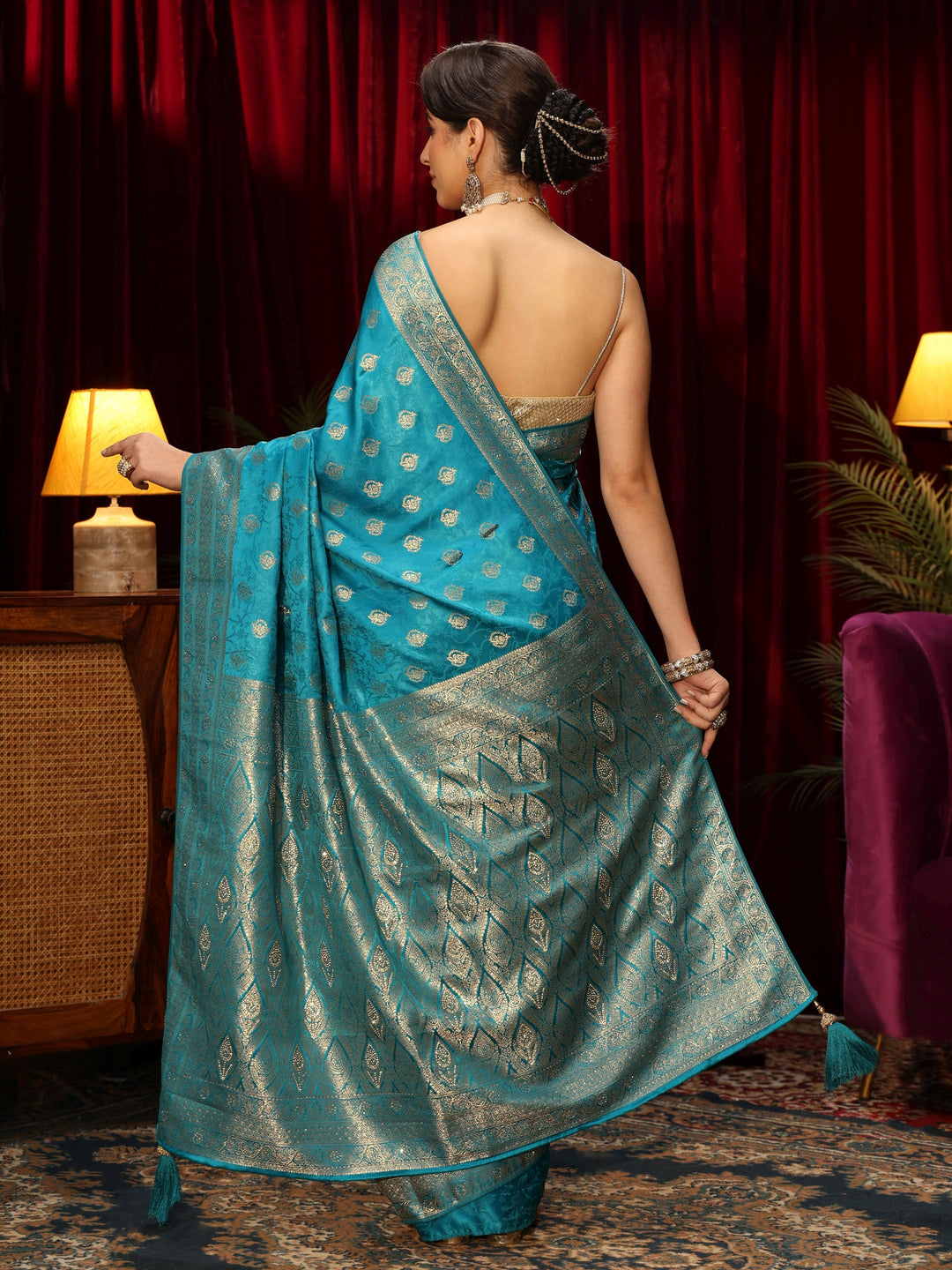  Libas Cerulean Blue Floral Woven Design Silk Blend Saree 