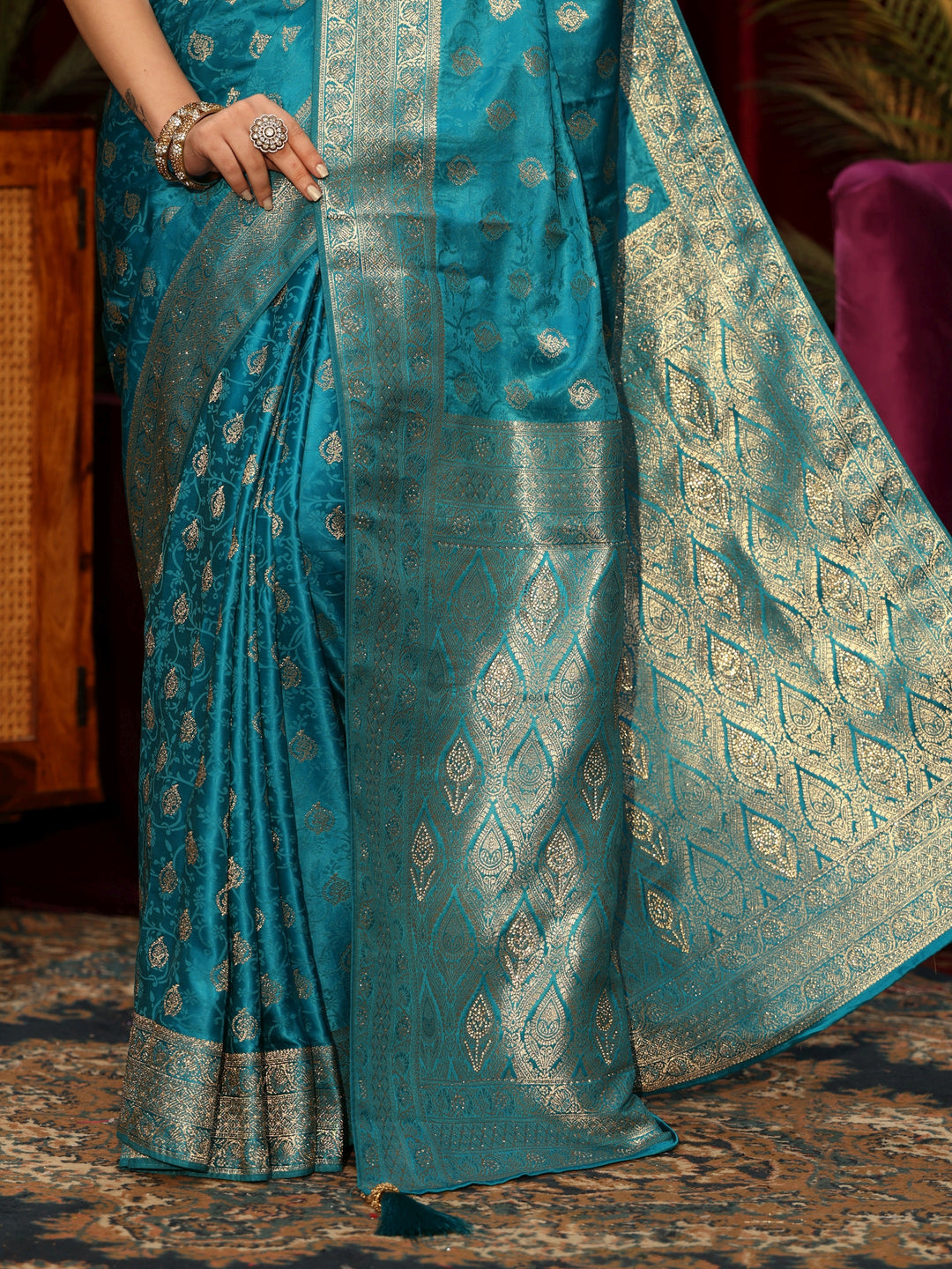  Libas Cerulean Blue Floral Woven Design Silk Blend Saree 