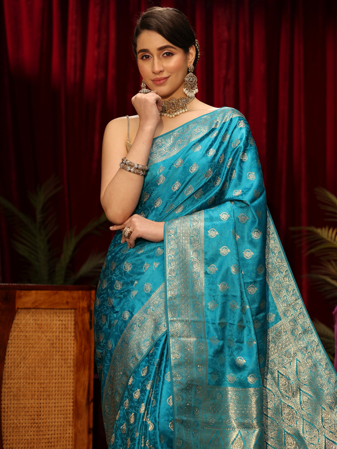  Libas Cerulean Blue Floral Woven Design Silk Blend Saree 