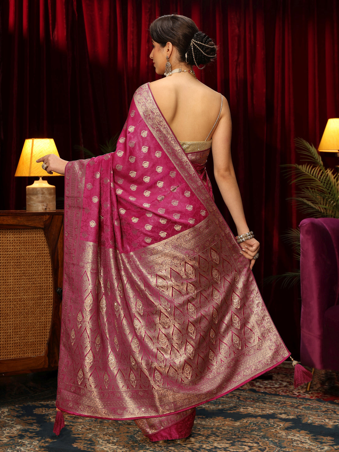  Libas Fuchsia Pink Floral Woven Design Silk Blend Saree 