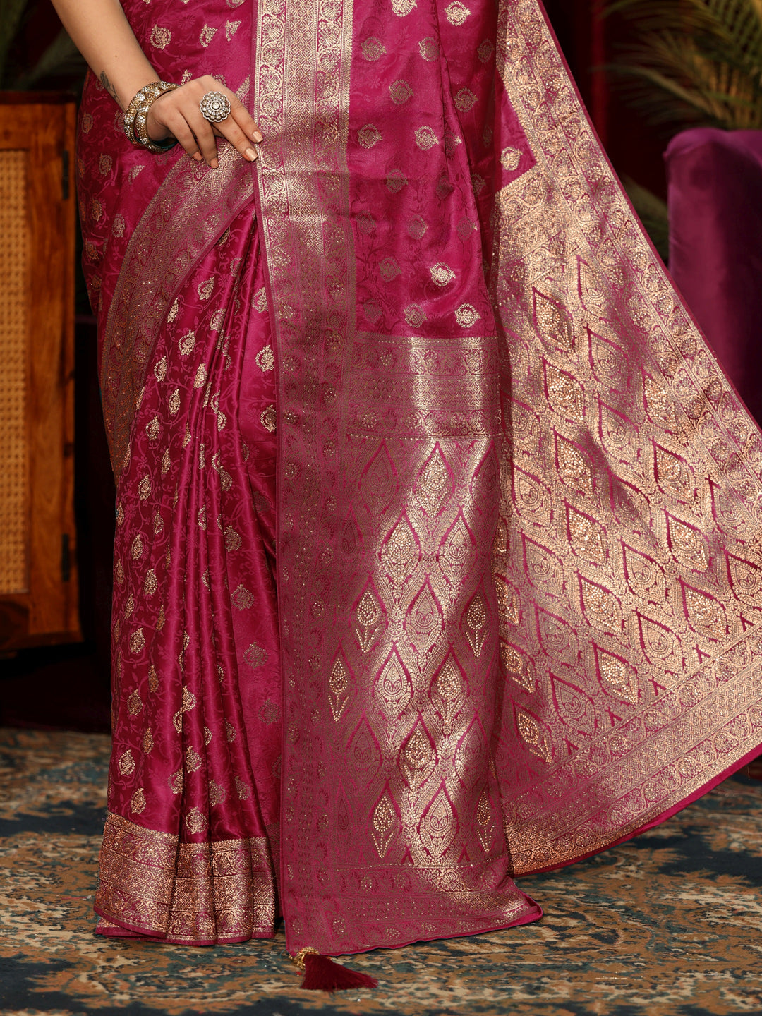  Libas Fuchsia Pink Floral Woven Design Silk Blend Saree 