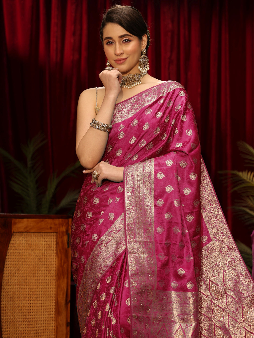 Libas Fuchsia Pink Floral Woven Design Silk Blend Saree 