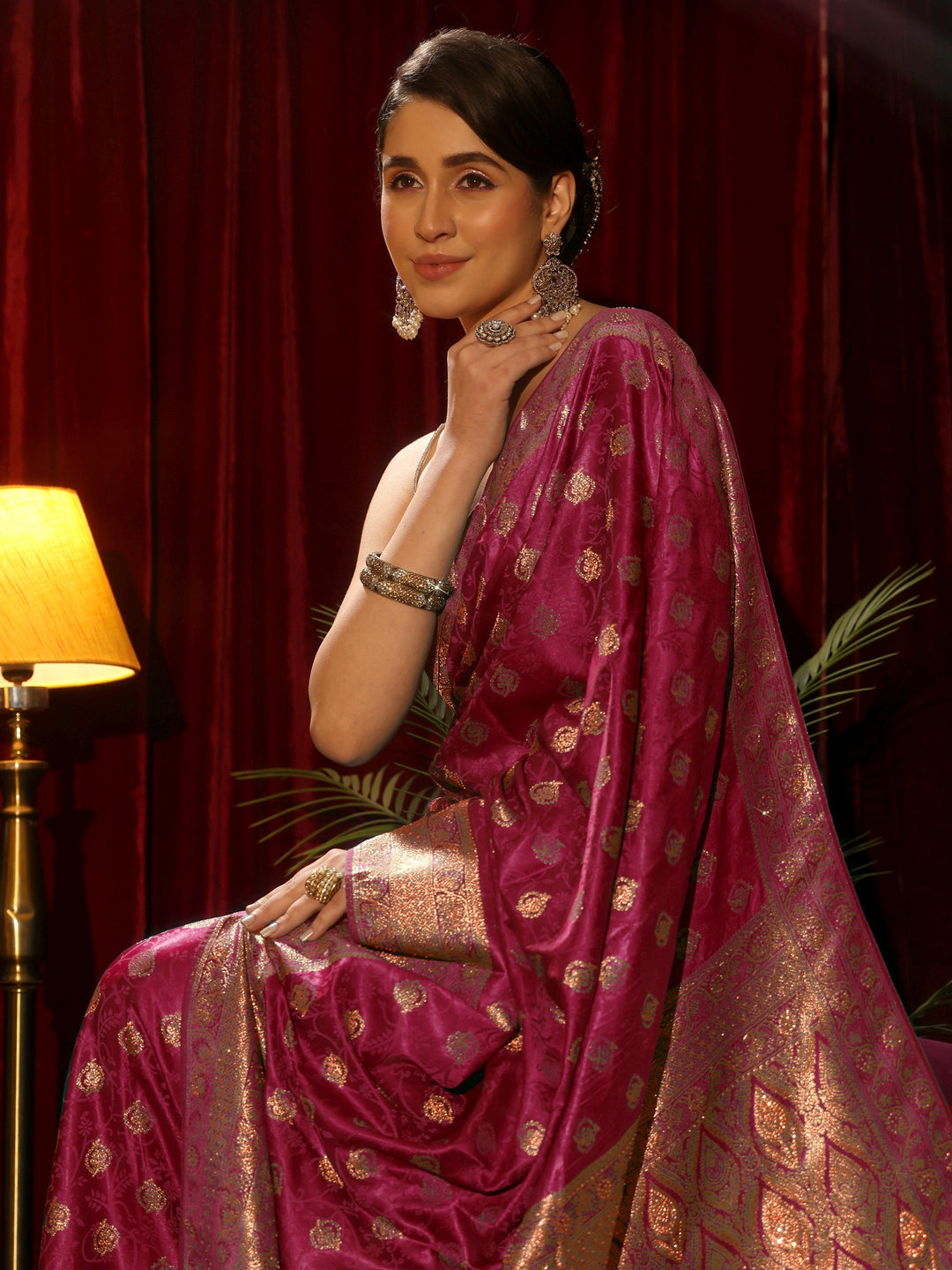  Libas Fuchsia Pink Floral Woven Design Silk Blend Saree 