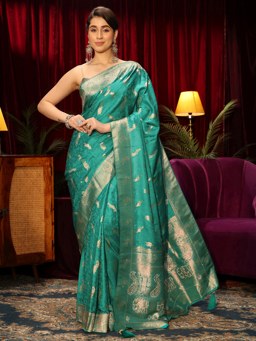  Libas Sea Green Peacock Woven Design Embellished Silk Blend Saree 