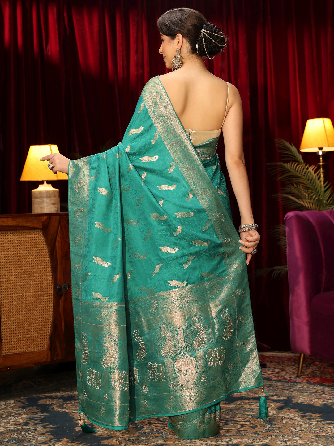  Libas Sea Green Peacock Woven Design Embellished Silk Blend Saree 