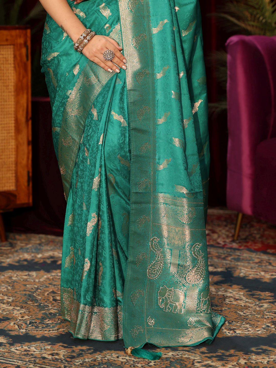  Libas Sea Green Peacock Woven Design Embellished Silk Blend Saree 