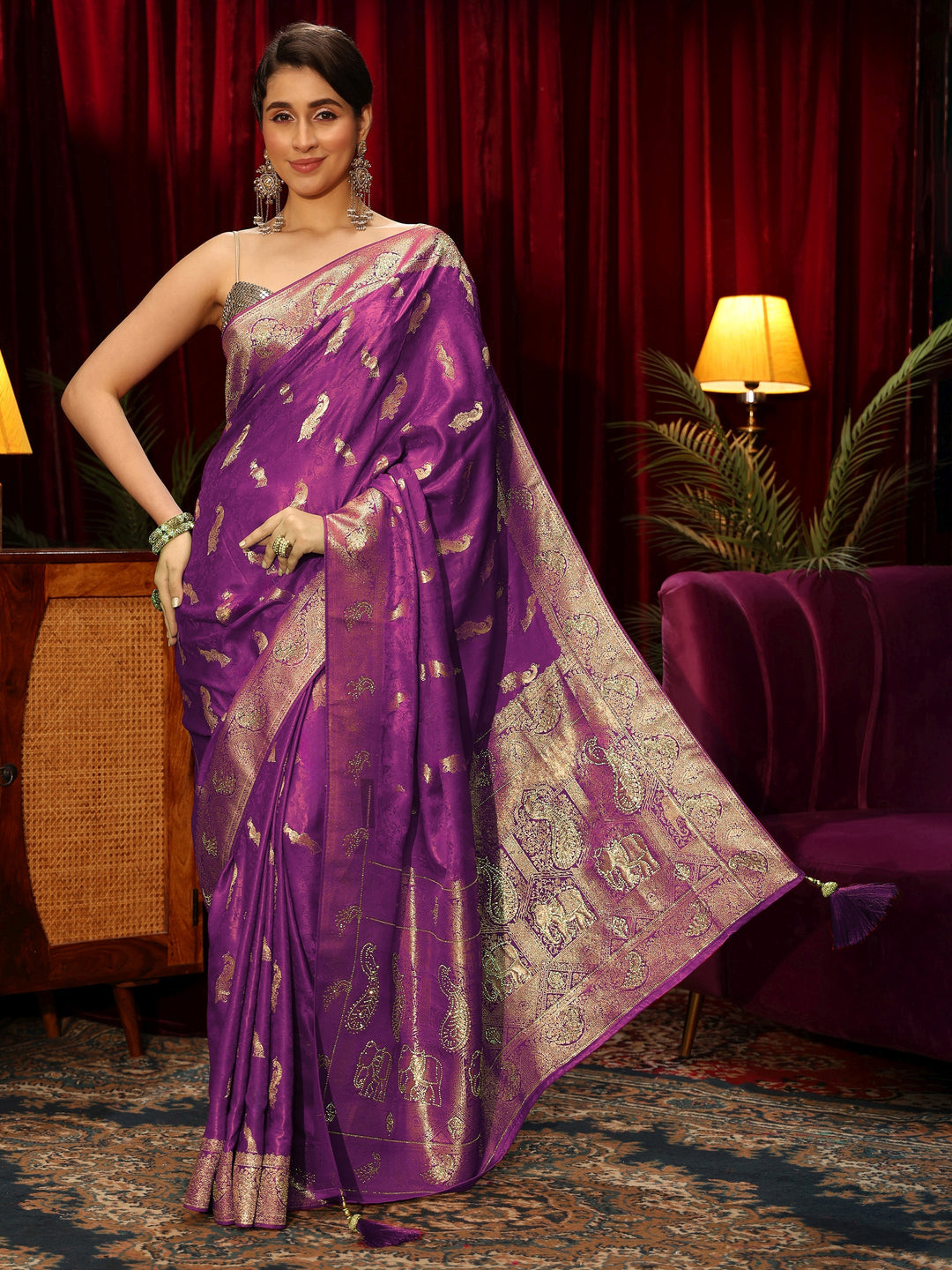  Libas Purple Peacock Woven Design Embellished Silk Blend Saree 