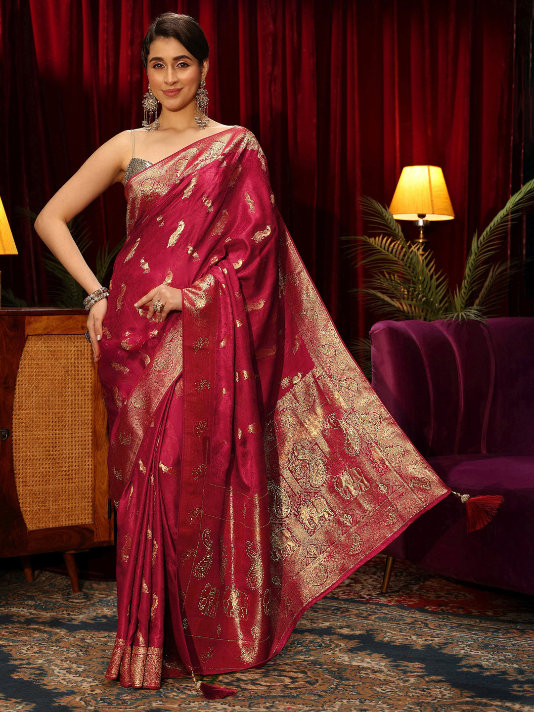  Libas Red Peacock Woven Design Embellished Silk Blend Saree 