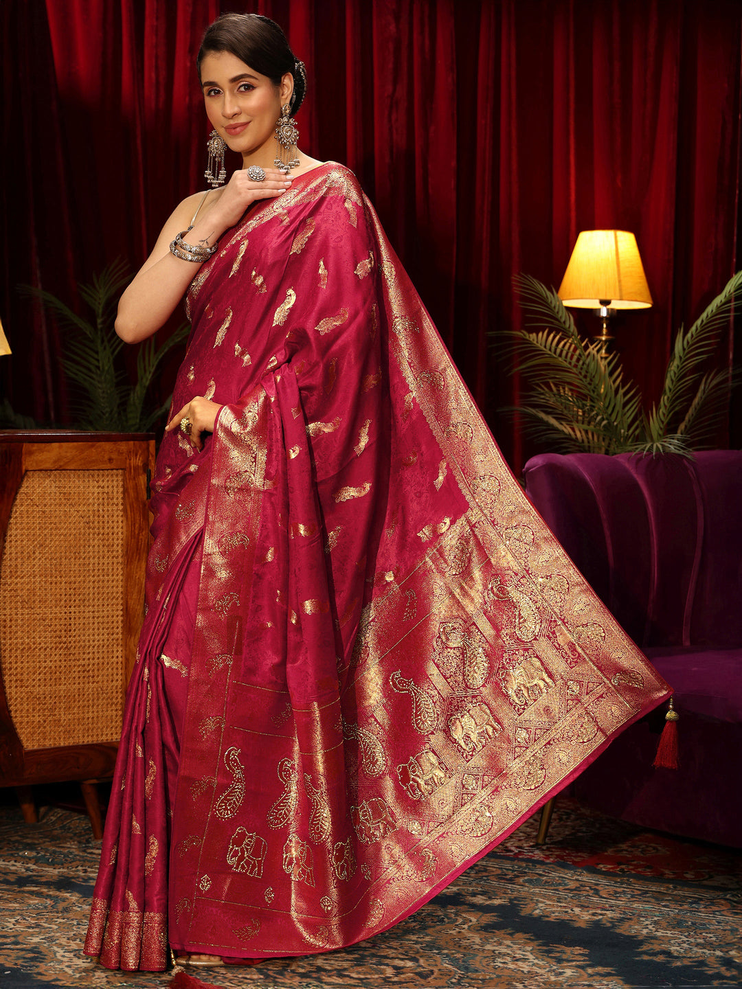  Libas Red Peacock Woven Design Embellished Silk Blend Saree 
