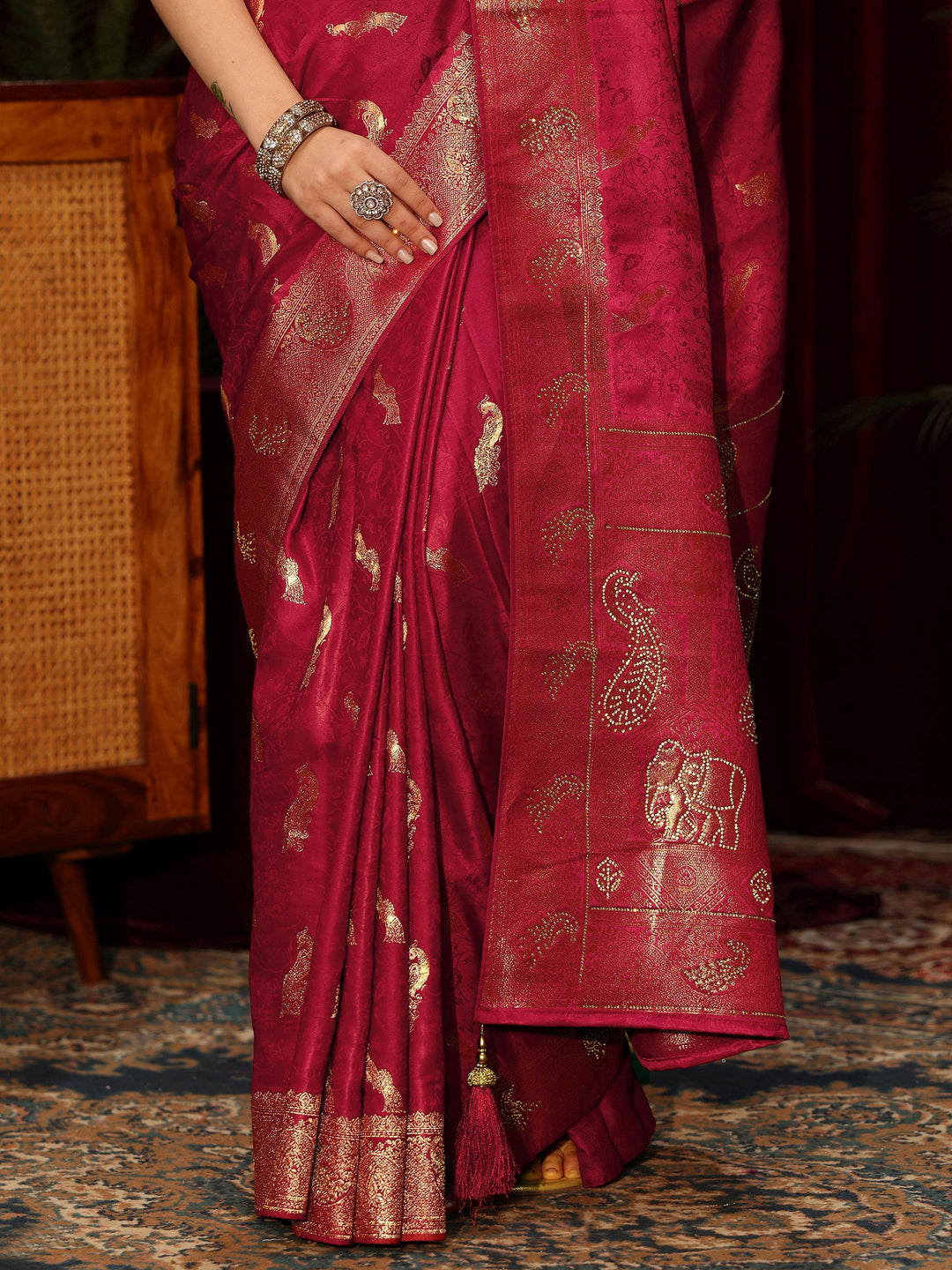  Libas Red Peacock Woven Design Embellished Silk Blend Saree 