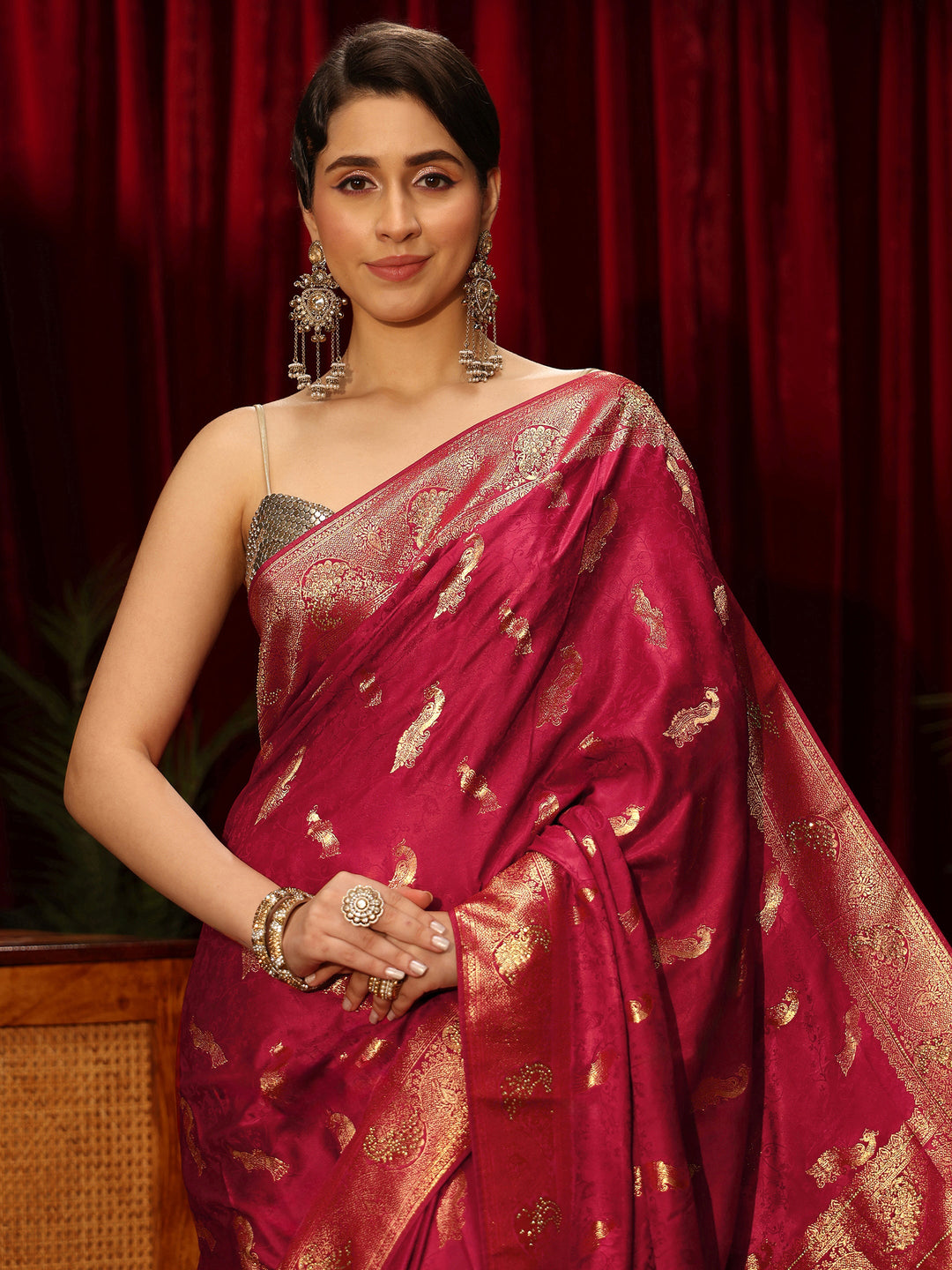  Libas Red Peacock Woven Design Embellished Silk Blend Saree 