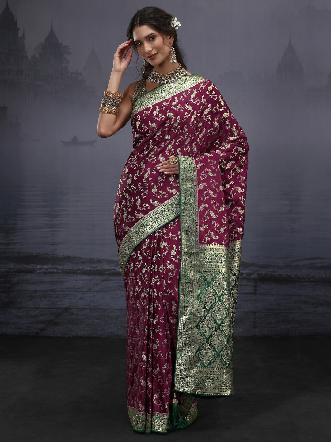  Libas Maroon and Green Ethnic Woven Design Satin Saree 
