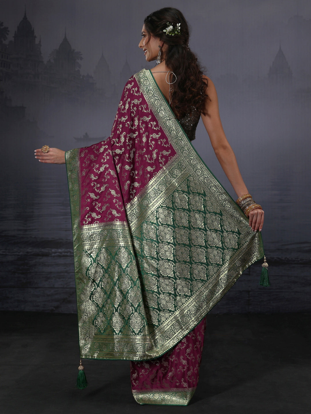  Libas Maroon and Green Ethnic Woven Design Satin Saree 