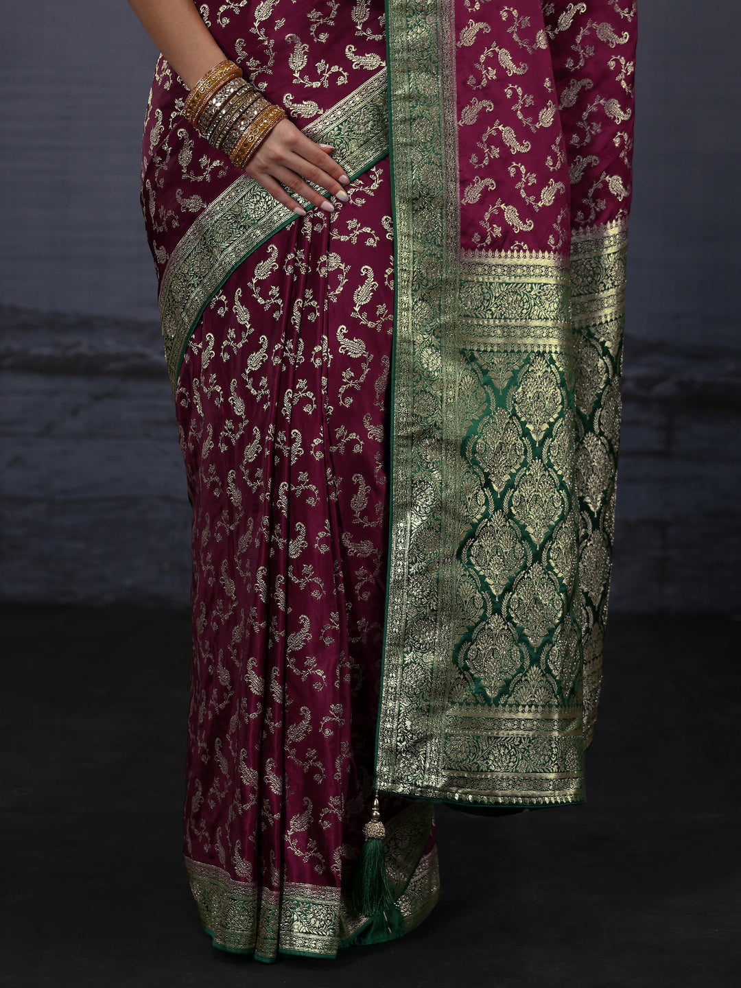  Libas Maroon and Green Ethnic Woven Design Satin Saree 