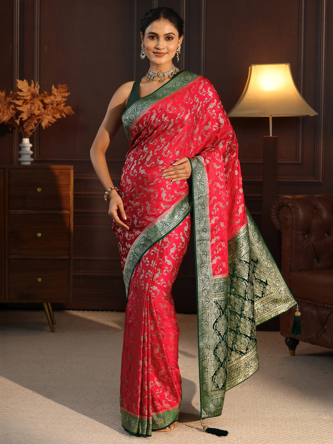  Libas Red and Green Woven Design Satin Saree 