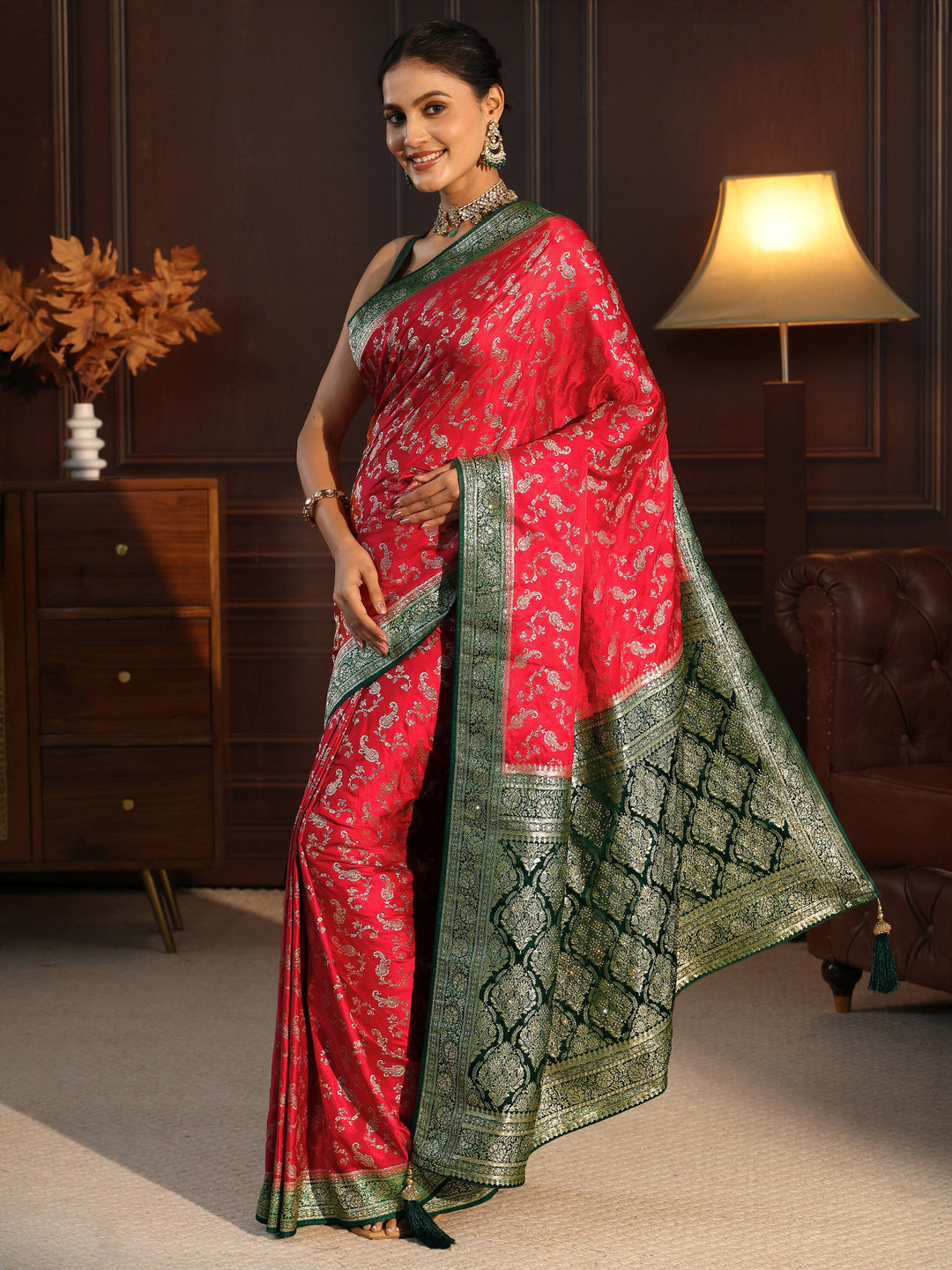  Libas Red and Green Woven Design Satin Saree 