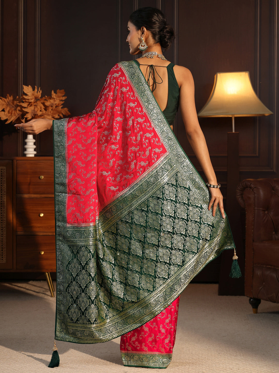  Libas Red and Green Woven Design Satin Saree 