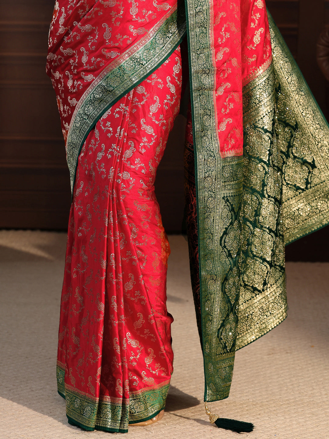  Libas Red and Green Woven Design Satin Saree 