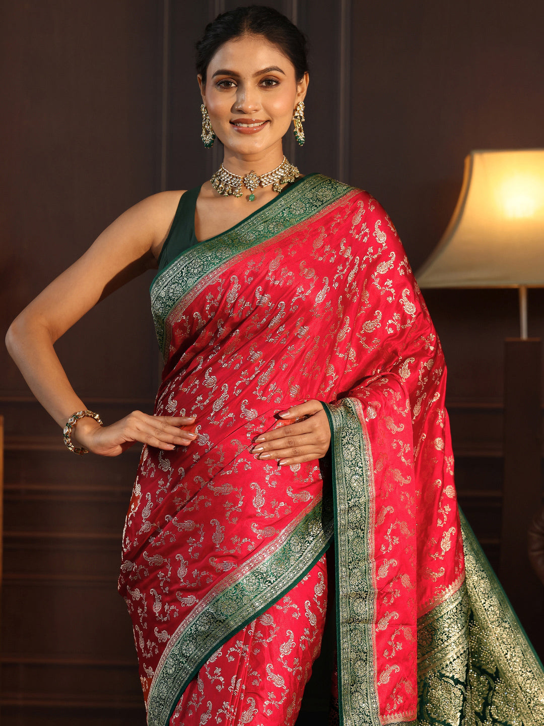  Libas Red and Green Woven Design Satin Saree 