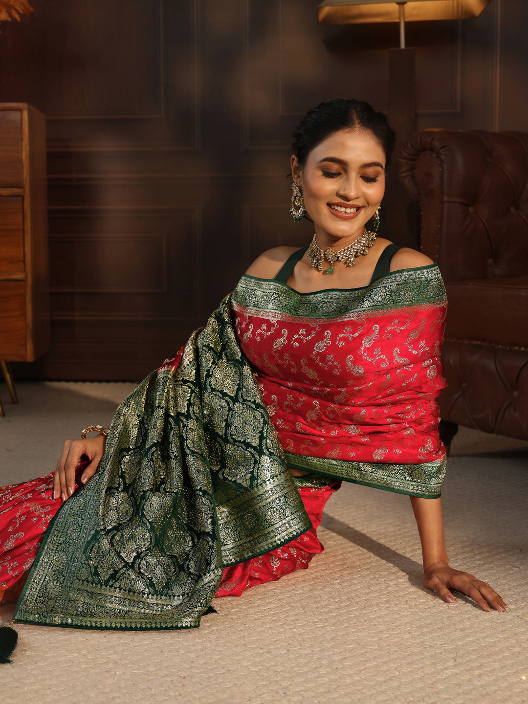  Libas Red and Green Woven Design Satin Saree 