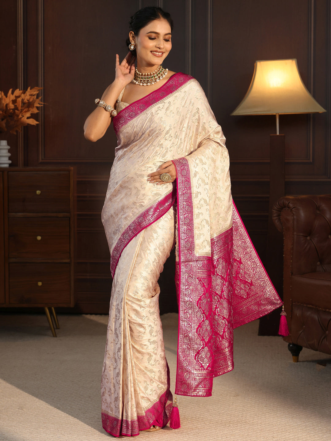  Libas Cream and Rani Pink Woven Design Satin Saree 