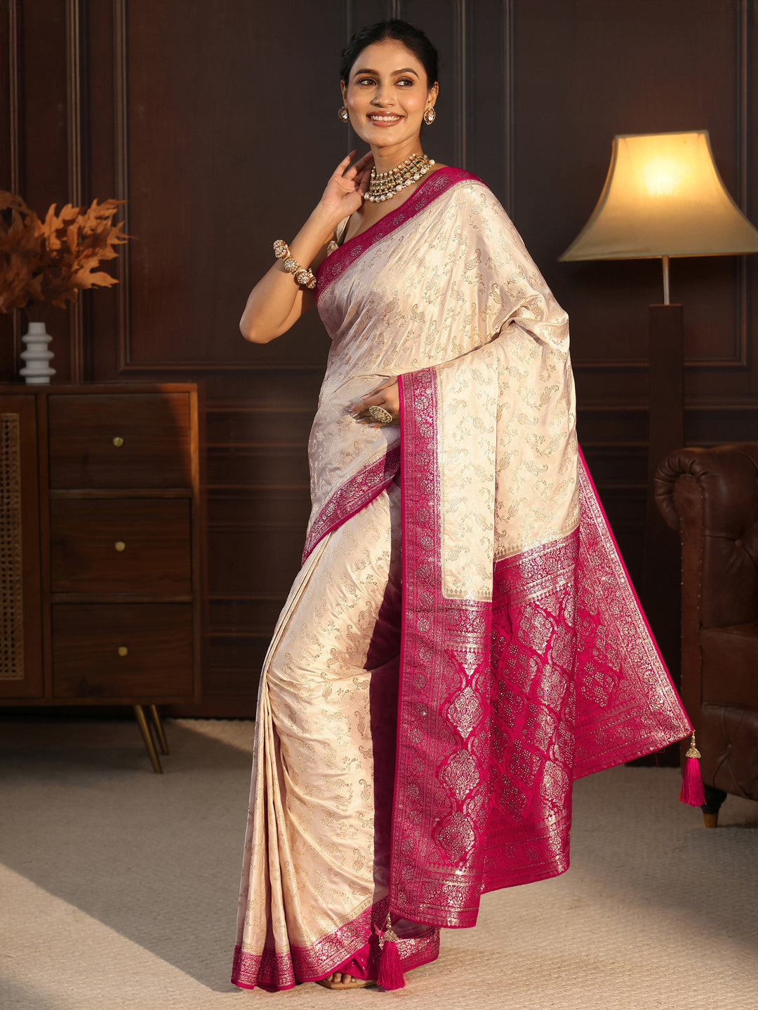  Libas Cream and Rani Pink Woven Design Satin Saree 